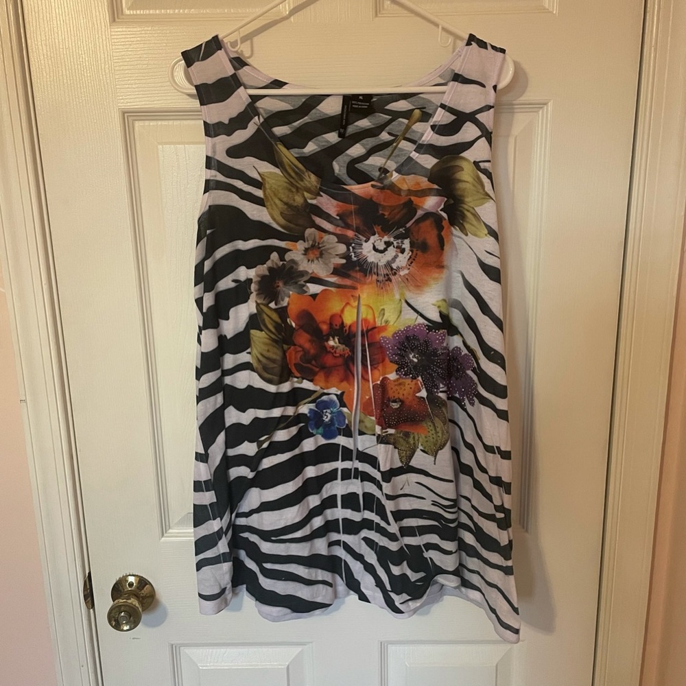 Vibrant Zebra and Floral Embellished Tank Top